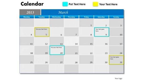 March 2013 Calendar PowerPoint Slides Ppt Templates