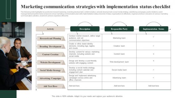 Marketing Communication Strategies With Implementation Status Checklist Ideas Pdf