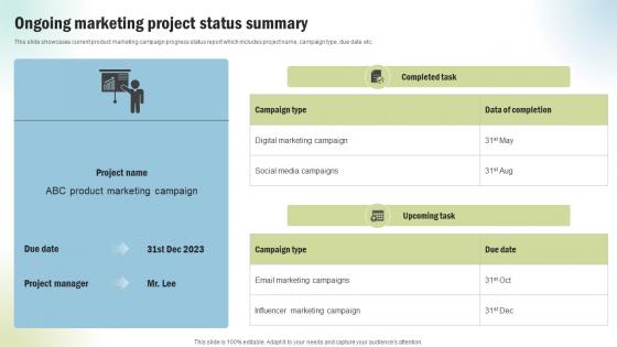 Marketing Project Performance Benchmarking Ongoing Marketing Project Status CRP SS V
