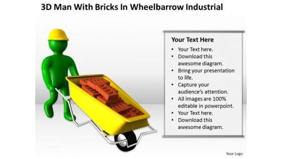 Men At Work Business As Usual 3d Man With Bricks Wheelbarrow Industrial PowerPoint Templates
