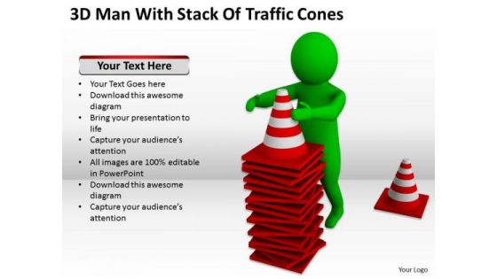 Men At Work Business As Usual 3d Man With Stack Of Traffic Cones PowerPoint Slides