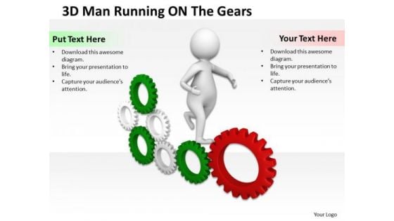 Men In Business 3d Man Running On Green Gear PowerPoint Templates Ppt Backgrounds For Slides