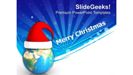 Merry Christmas With Globe And Santa Hat PowerPoint Templates Ppt Backgrounds For Slides 0413