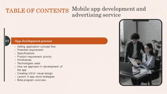 Mobile App Development And Advertising Service Table Of Contents Icons Pdf