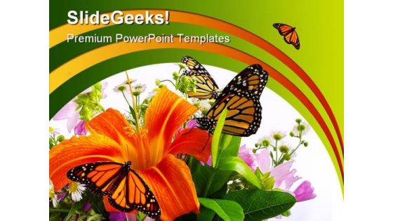 Monarchs On Flowers Beauty PowerPoint Template 0910