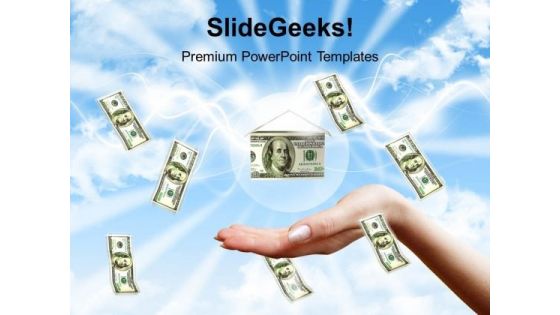 Money Falling To Hands Over Blue Sky Background PowerPoint Templates Ppt Backgrounds For Slides 0113