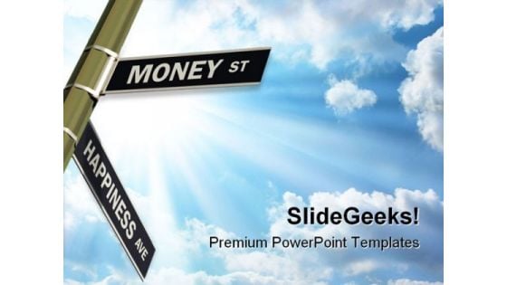 Money St Happiness Ave Road Sign Symbol PowerPoint Templates And PowerPoint Backgrounds 0811