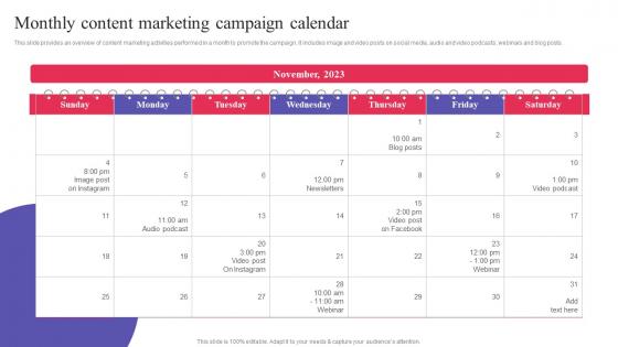 Monthly Content Marketing Campaign Calendar Digital Promotional Campaign Brochure Pdf