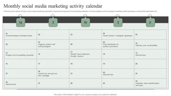 Monthly Social Media Marketing Activity Calendar Efficient Marketing Tactics Sample Pdf