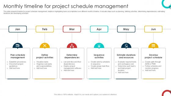 Monthly Timeline For Project Schedule Management Techniques PPT Template