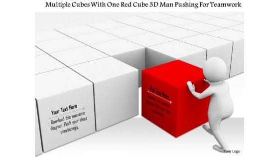 Multiple Cubes With One Red Cube 3d Man Pushing For Teamwork