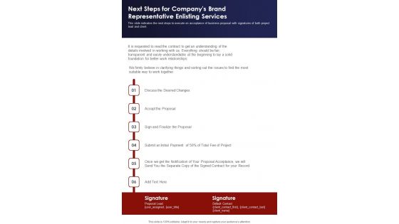 Next Steps For Companys Brand Representative Enlisting Services One Pager Sample Example Document