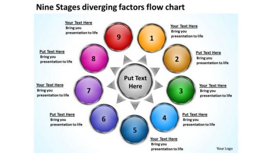 Nine Stages Diverging Factors Flow Chart Arrows Network Software PowerPoint Templates