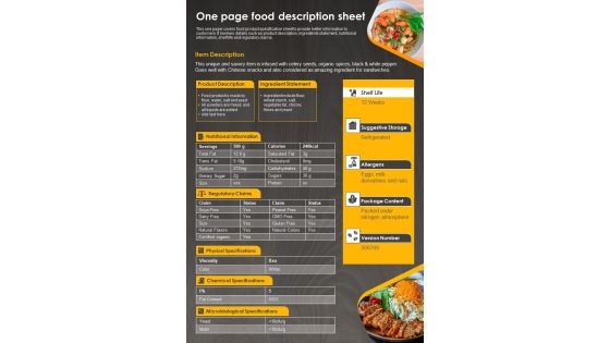 One Page Food Description Sheet PDF Document PPT Template