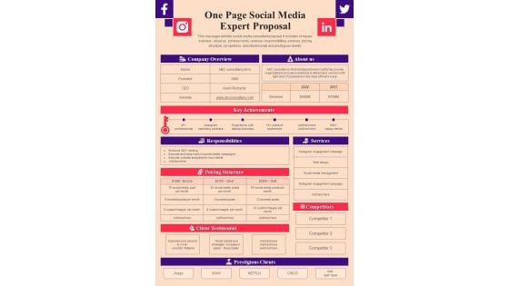 One Page Social Media Expert Proposal PDF Document PPT Template