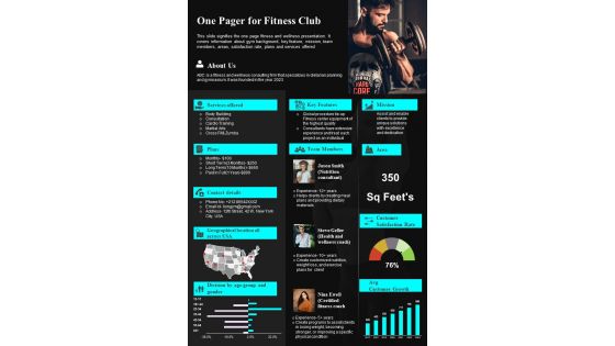 One Pager For Fitness Club PDF Document PPT Template