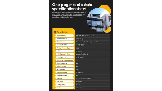 One Pager Real Estate Specification Sheet PDF Document PPT Template