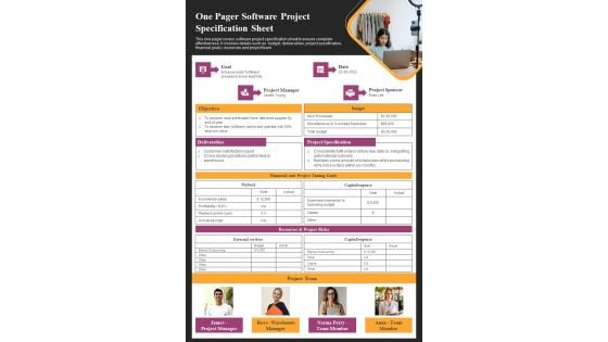 One Pager Software Project Specification Sheet PDF Document PPT Template