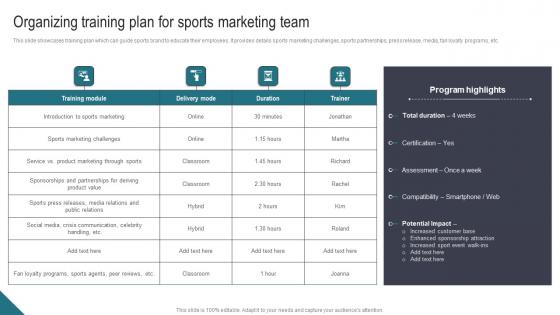 Organizing Training Plan For Sports Marketing Athletic Activities Advertising Program Inspiration Pdf