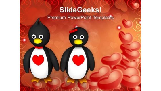 Penguin Couple Holding Hands Hearts Day PowerPoint Templates Ppt Backgrounds For Slides 0213