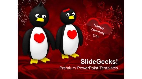 Penguin Couple Holding Hands PowerPoint Templates Ppt Backgrounds For Slides 0213