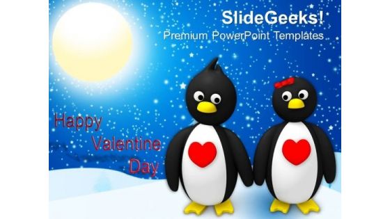 Penguin Couple Holding Hands Valentines Day PowerPoint Templates Ppt Backgrounds For Slides 0213