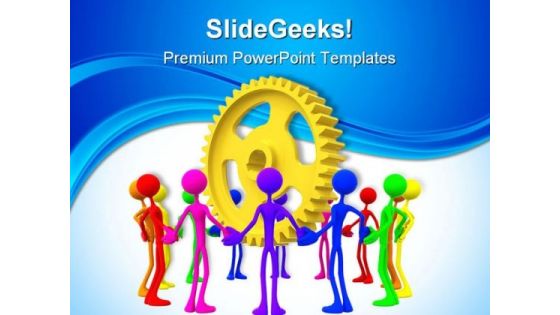 People Holding Hands Around Gears Industrial PowerPoint Themes And PowerPoint Slides 0411