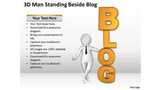 People In Business 3d Man Standing Beside Blog PowerPoint Templates
