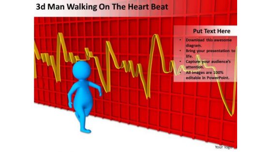 People In Business 3d Man Walking On The Heart Beat PowerPoint Templates