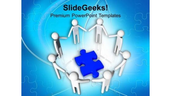 People In Circle Around Blue Puzzle Piece PowerPoint Templates Ppt Backgrounds For Slides 0213