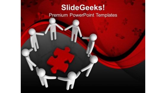 People In Circle Around Puzzle Piece Teamwork PowerPoint Templates And PowerPoint Themes 1012