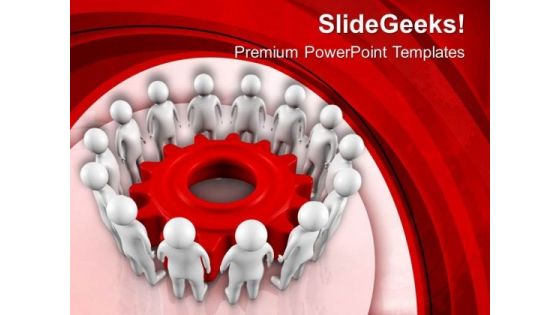 People Standing In Circle Around Gear PowerPoint Templates Ppt Backgrounds For Slides 0713