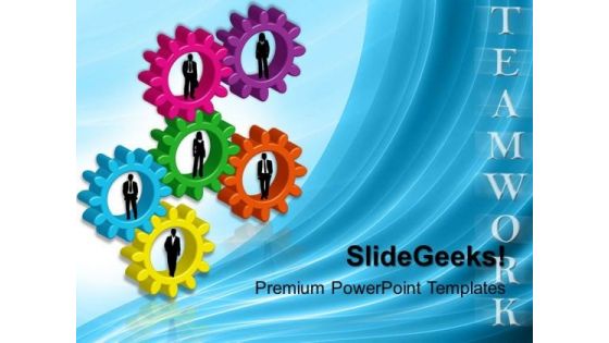 Person Standing On Gears Teamwork PowerPoint Templates And PowerPoint Themes 0412