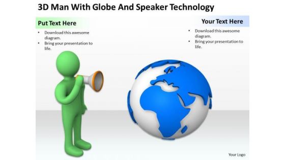 Pictures Of Business Men 3d Man With Globe And Speaker Technology PowerPoint Templates