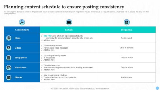 Planning Content Schedule To Ensure Posting Higher Education Ppt Slides Strategy SS V