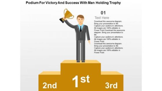 Podium For Victory And Success With Man Holding Trophy PowerPoint Template Podium For Victory And Success With Man Holding Trophy PowerPoint Template