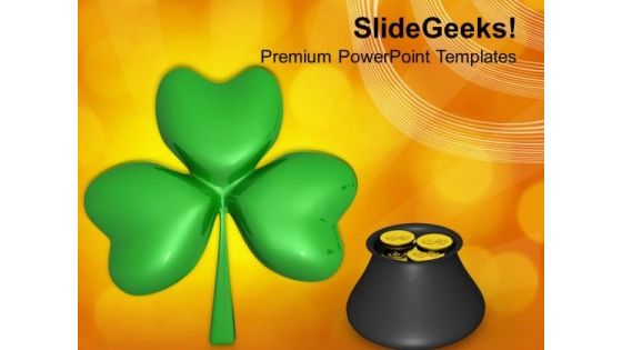 Pot Full Of Gold Coins And Lucky Clover PowerPoint Templates Ppt Backgrounds For Slides 0313