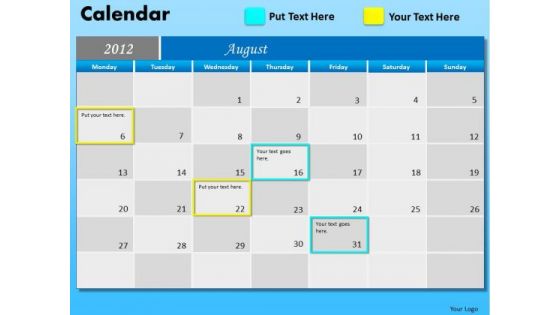 PowerPoint Process Company Success August Calendar 2012 Ppt Templates