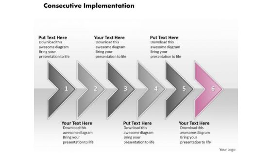 Ppt Consecutive Implementation Of 6 Concepts Through Arrows PowerPoint 2010 Templates