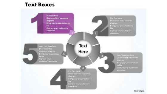 Ppt Five Text Align Boxes PowerPoint 2010 Connected With Circle Templates