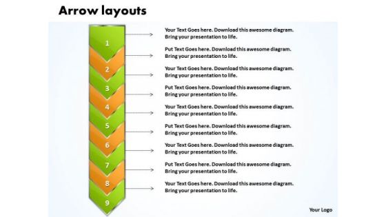 Ppt Go Green Layouts PowerPoint Free And Orange Arrow 9 Stages Templates