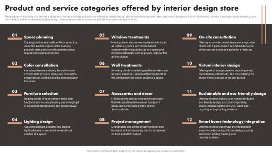 Product And Service Categories Offered By Interior Design Store Luxury Interior Design Topics Pdf