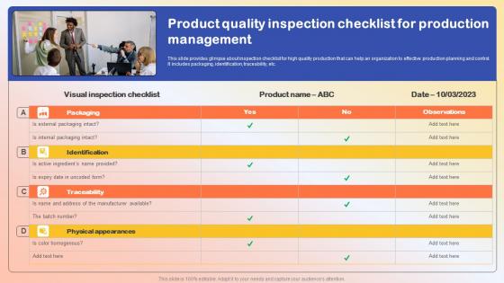 Product Quality Inspection Checklist For Production Quality Administration Portrait Pdf