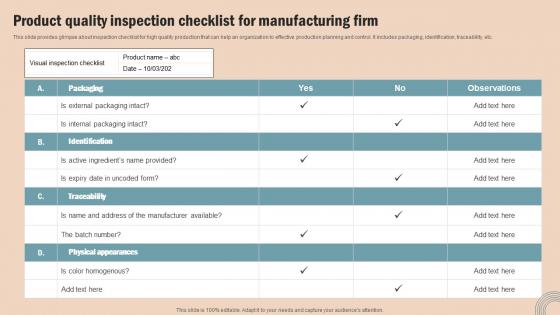 Product Quality Inspection Checklist Operations Strategy Improve Business Productivity Diagrams Pdf