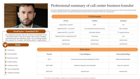 Professional Summary Of Call Center Business IT And Tech Support Business Guidelines Pdf
