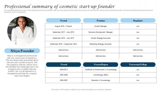 Professional Summary Of Cosmetic Start Up Founder Cosmetic Industry Business Infographics Pdf