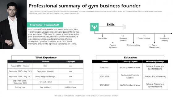 Professional Summary Of Gym Business Founder Fitness Center Business Plan Ideas Pdf