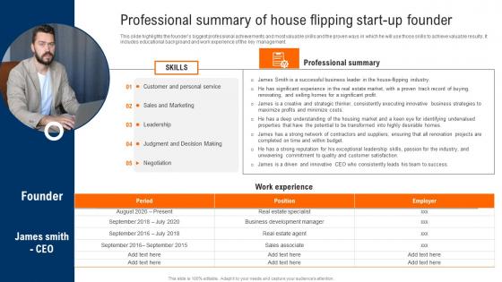 Professional Summary Of House Flipping Start Up Founder Real Estate Renovation Demonstration Pdf