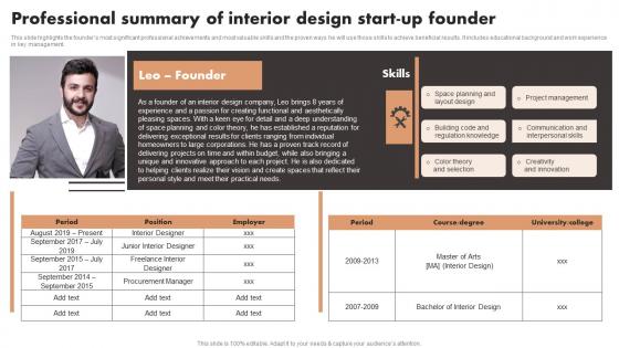 Professional Summary Of Interior Design Start Up Founder Luxury Interior Design Background Pdf