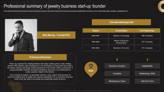 Professional Summary Of Jewelry Business Start Up Founder Jewelry Business Plan Infographics Pdf